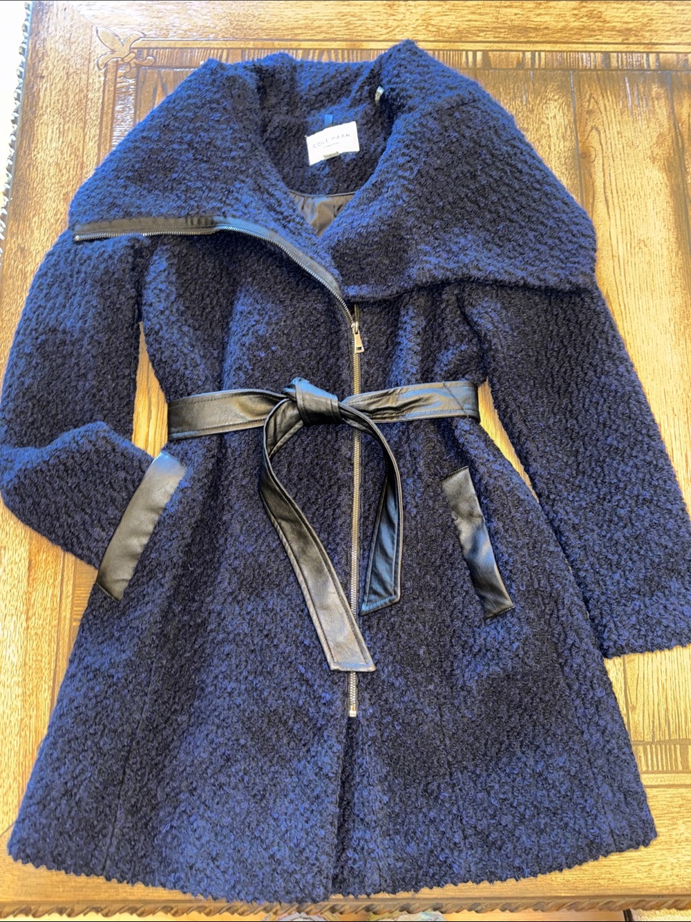 Cole Haan Navy Boucle Oversized Collar Pea Coat with Black Faux-Leather Trim